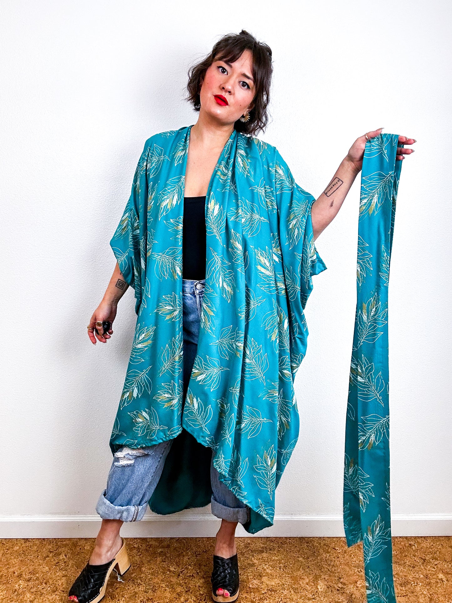 Print High Low Kimono Teal Gold Leaf Challis