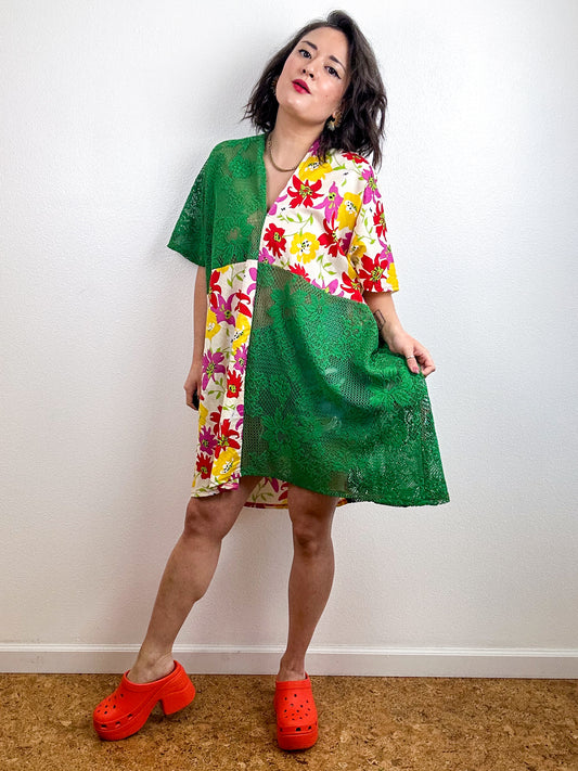 Color Block Mini Caftan Dress Green Lace Red Floral