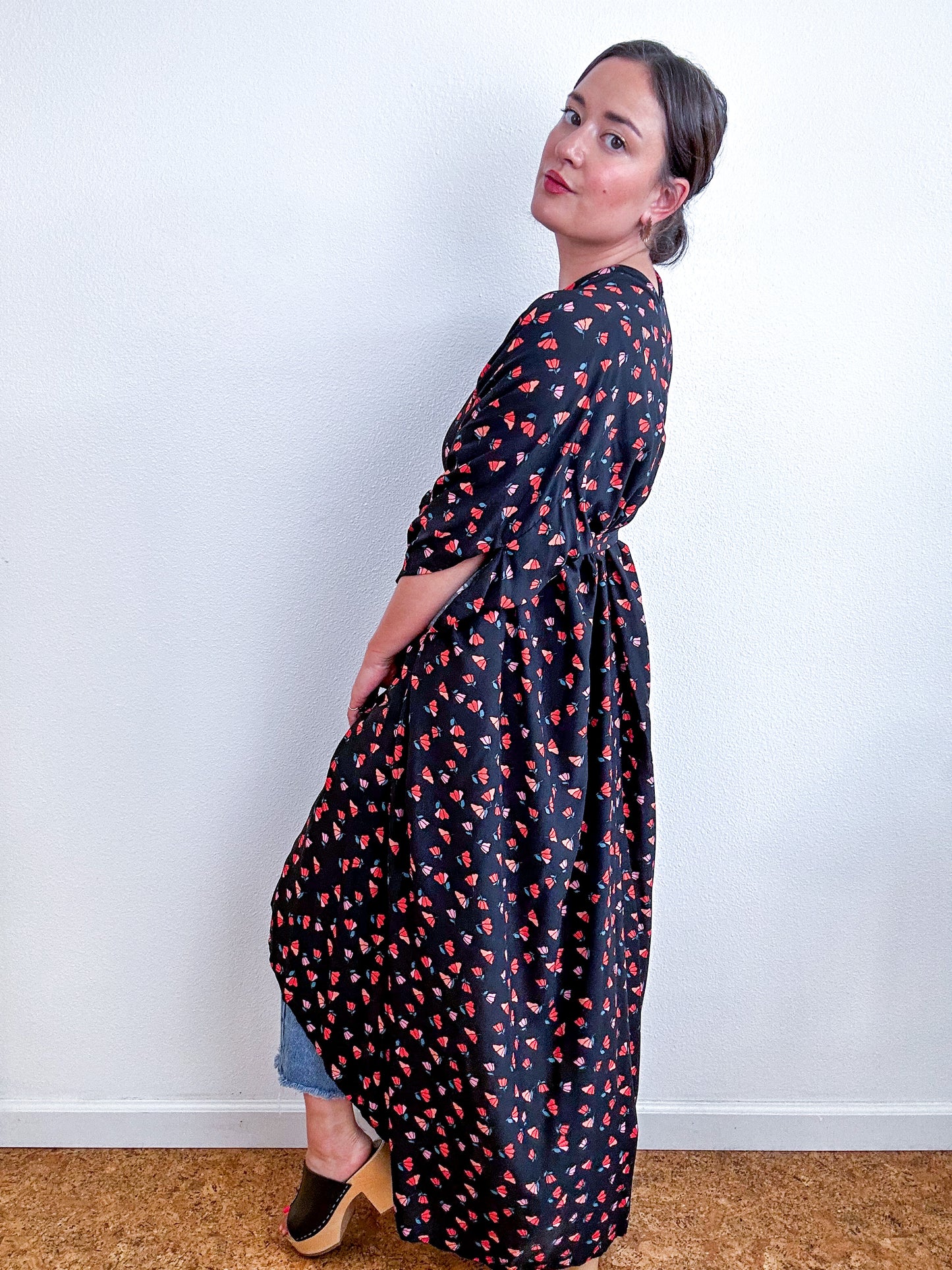 Print High Low Kimono Black Red Mini Poppy Challis