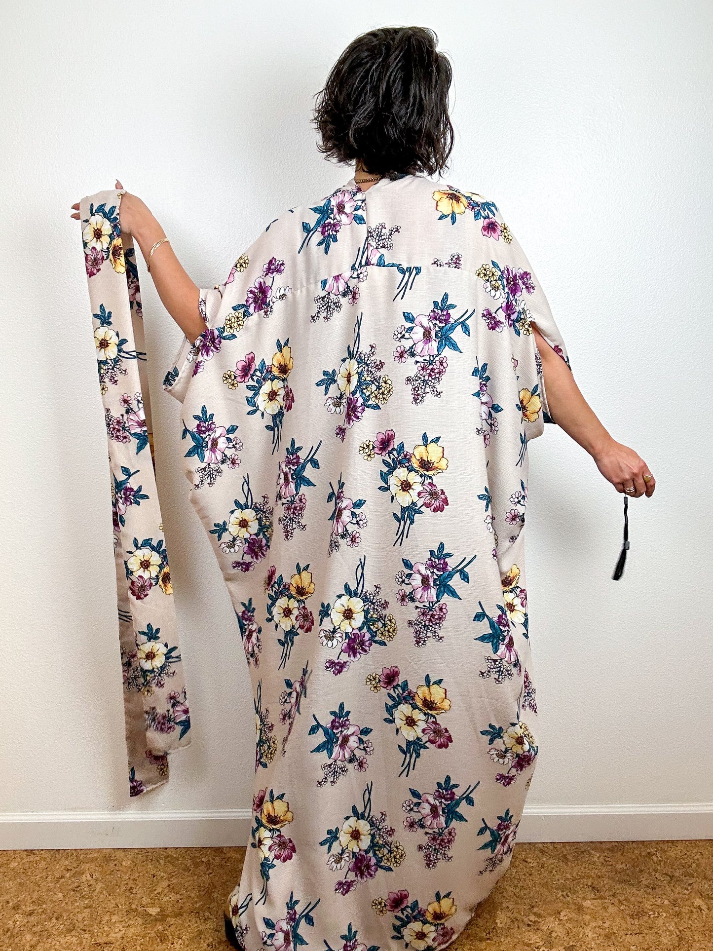 Print High Low Kimono Blush Bouquet Rayon Crepe