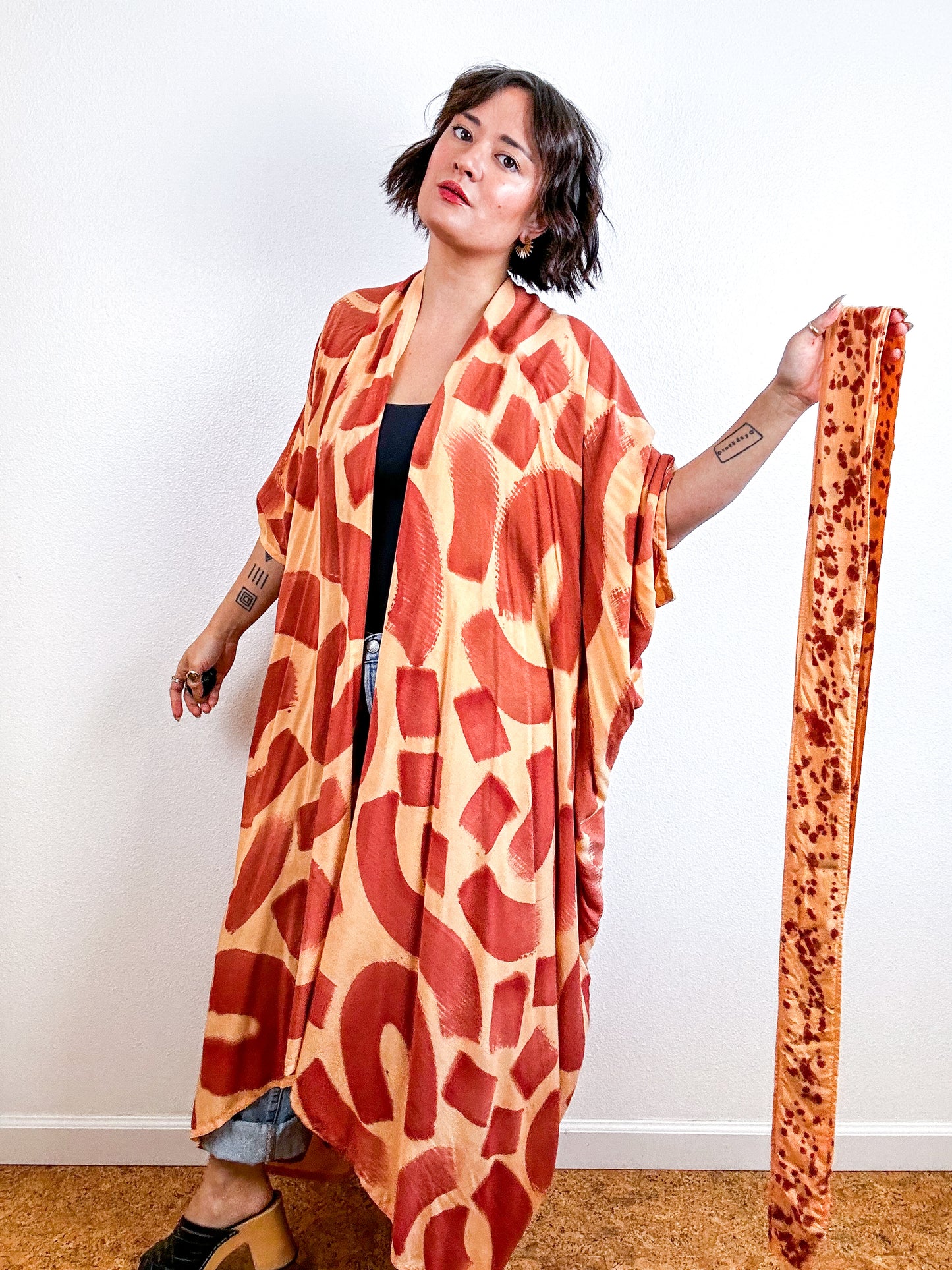 Hand-Dyed High Low Kimono Peach Terracotta Doodle