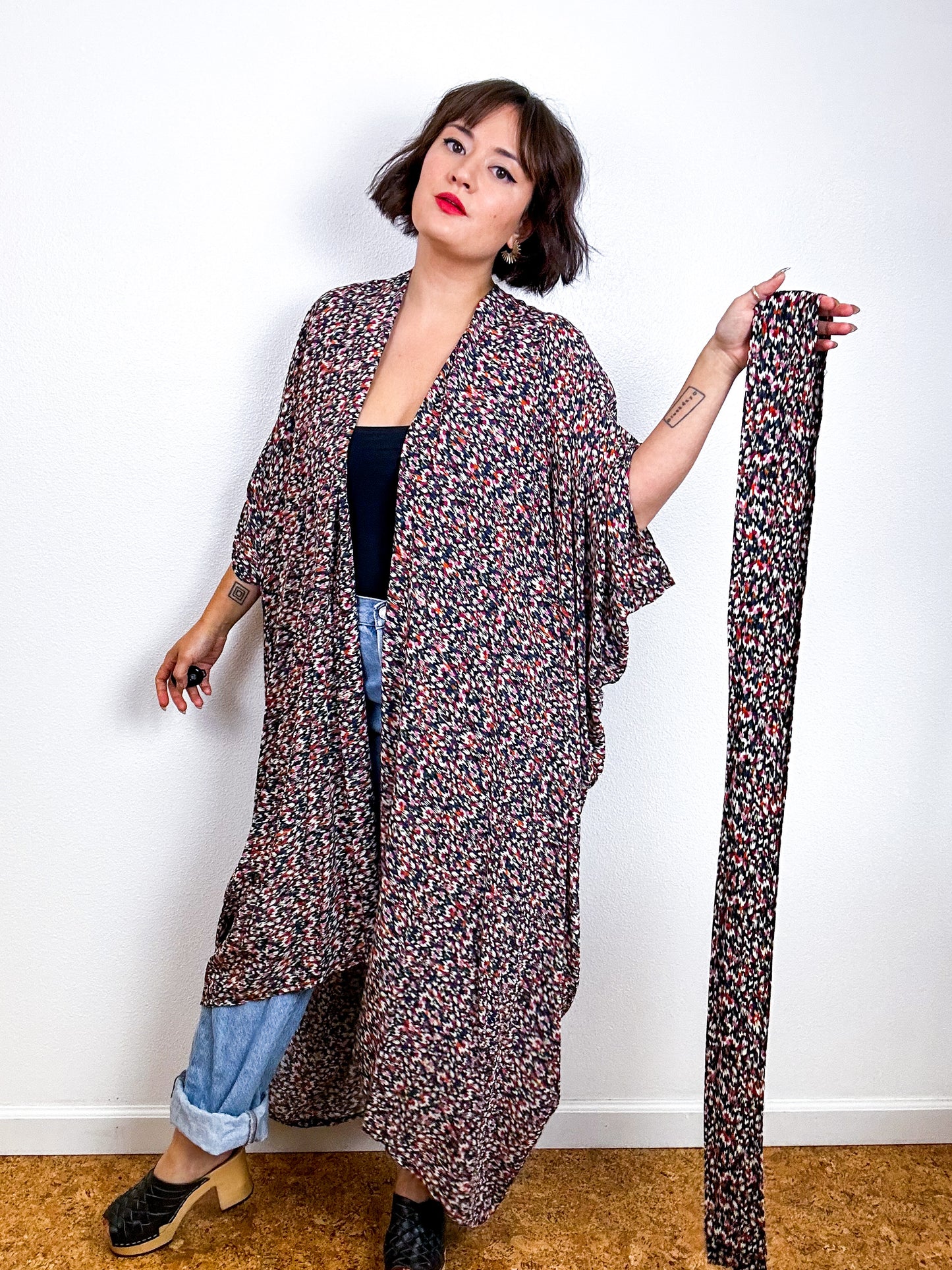 Print High Low Kimono Black Mini Ikat Challis