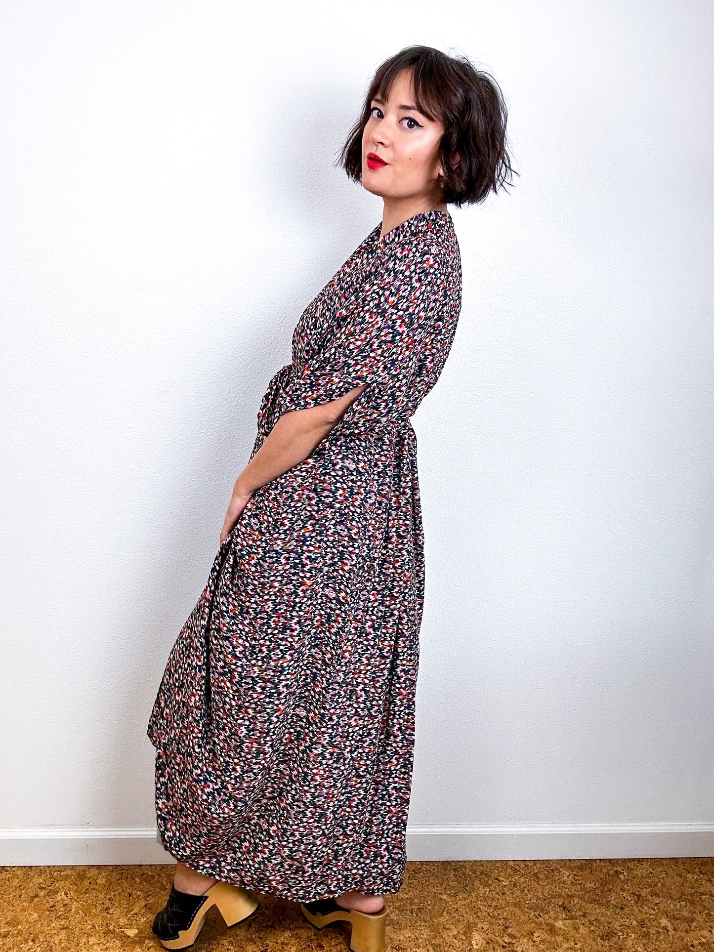 Print High Low Kimono Black Mini Ikat Challis