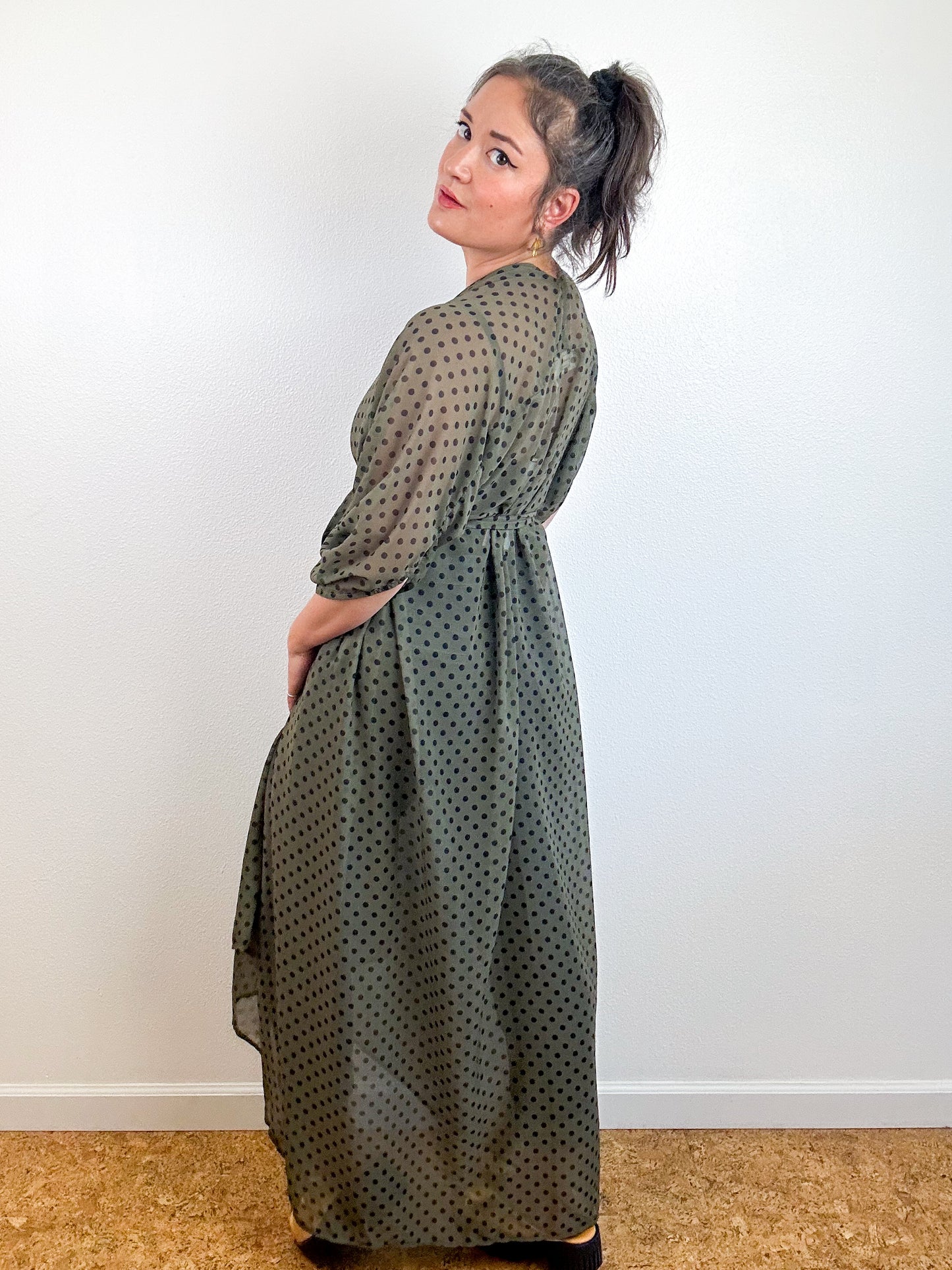 Print High Low Kimono Olive Polka Dots Chiffon