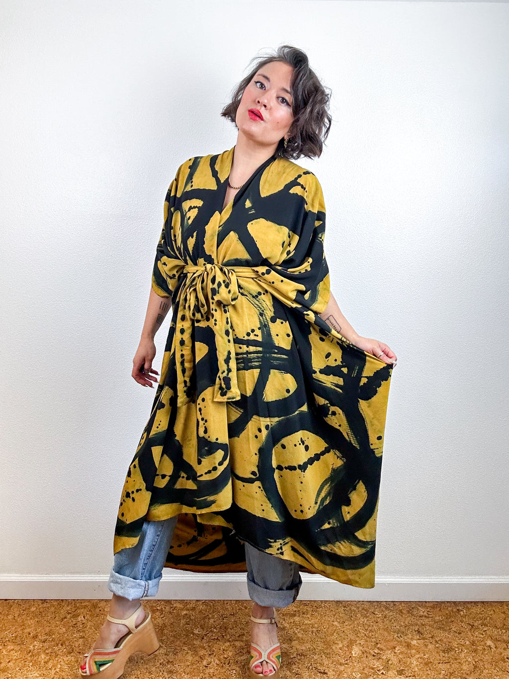 Hand-Dyed High Low Kimono Marigold Black Sumi