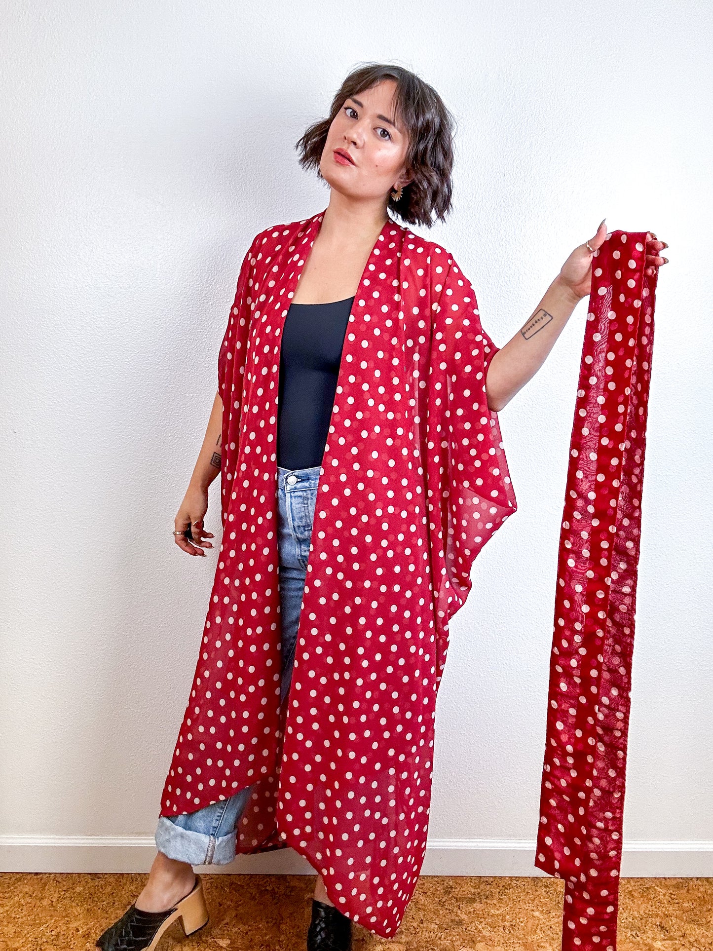 Print High Low Kimono Burgundy Blush Dots Chiffon