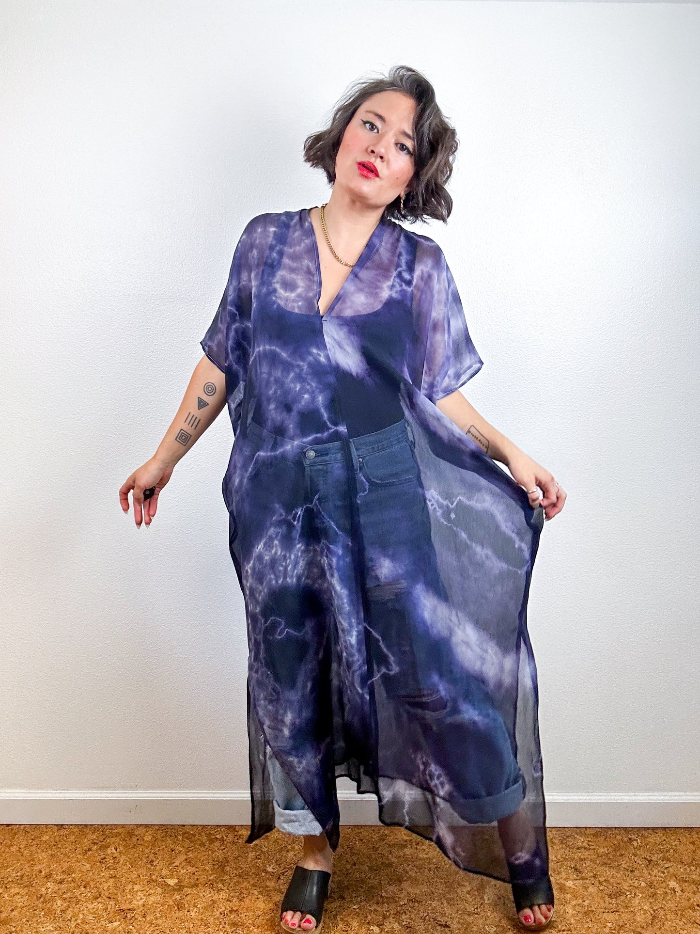 SILK Midi Caftan Dress Purple Tie