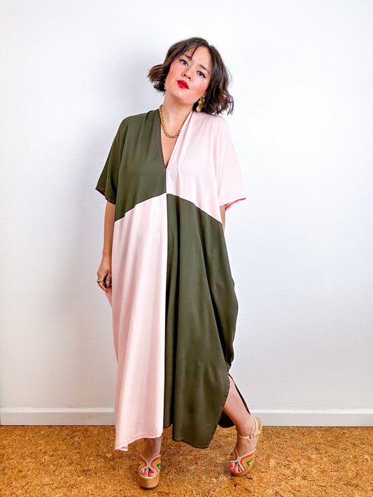 Color Block Midi Caftan Dress Olive Blush