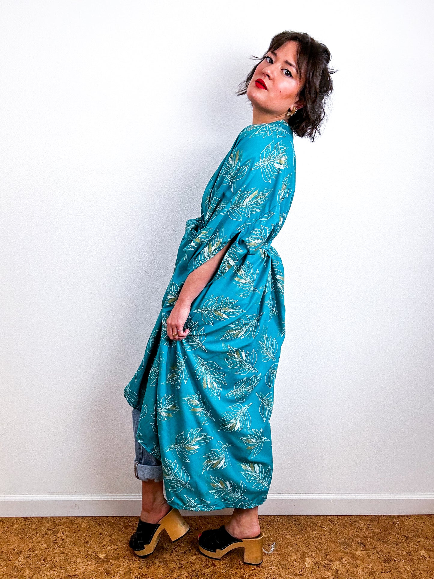 Print High Low Kimono Teal Gold Leaf Challis