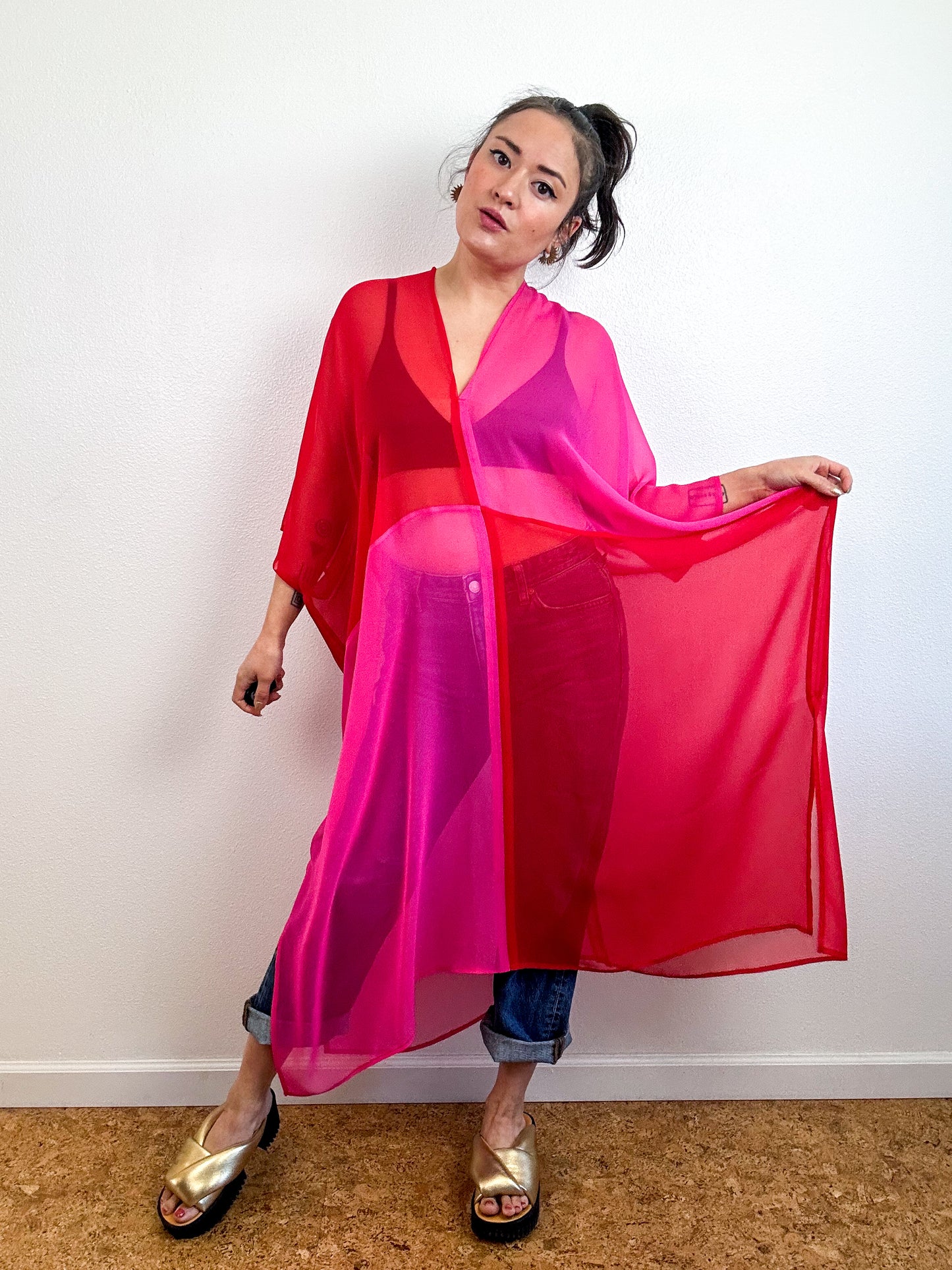 SILK Color Block Midi Caftan Dress Fuchsia Red