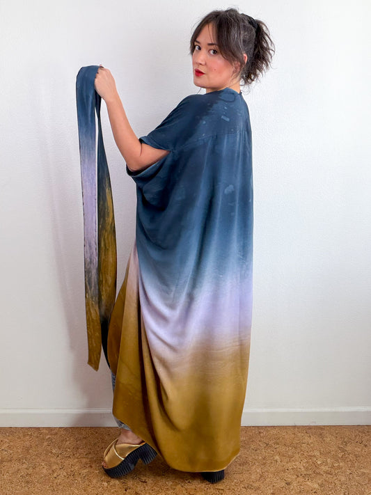 Hand-Dyed High Low Kimono Raven Wisteria Bronze Gradient
