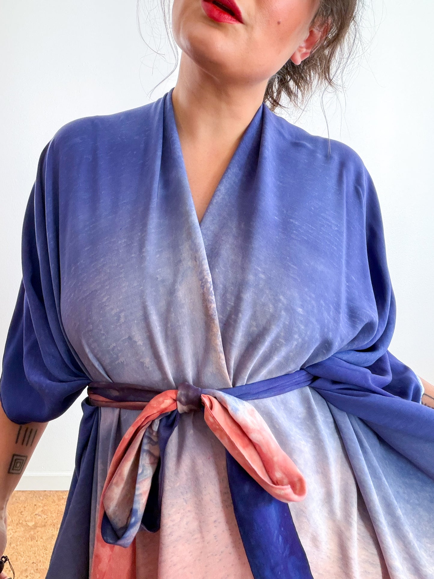 Hand-Dyed High Low Kimono Midnight Blush Terracotta Gradient