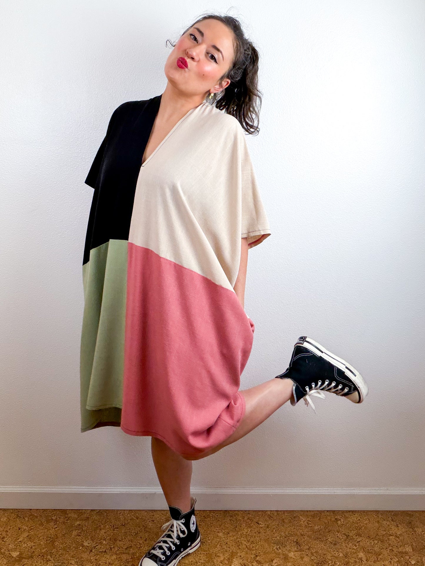 Linen Blend Caftan Dress Black Oat Mauve Sage Orange Color Block