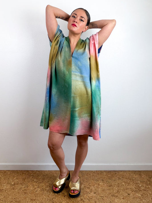 Hand-Dyed Linen Blend Caftan Dress Blue Green Bronze Coral Aura