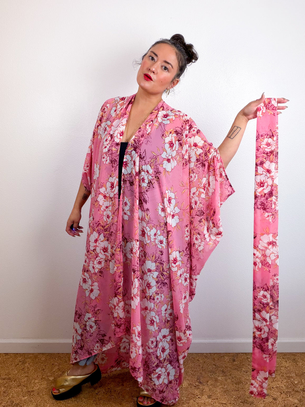Print High Low Kimono Pink Magnolia Chiffon