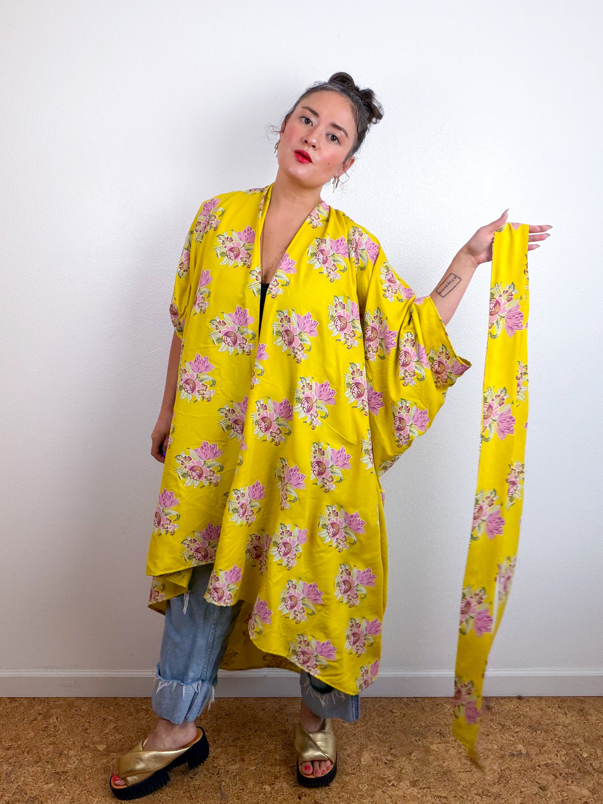 Print High Low Kimono Yellow Painted Floral Challis