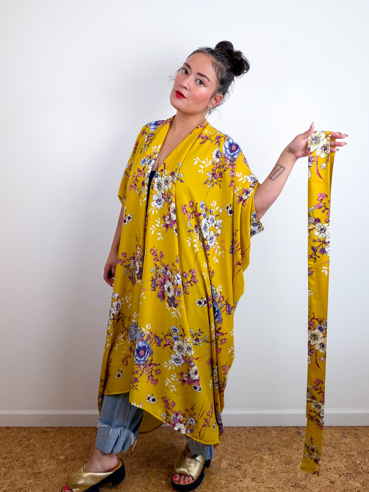 Print High Low Kimono Marigold Floral Challis