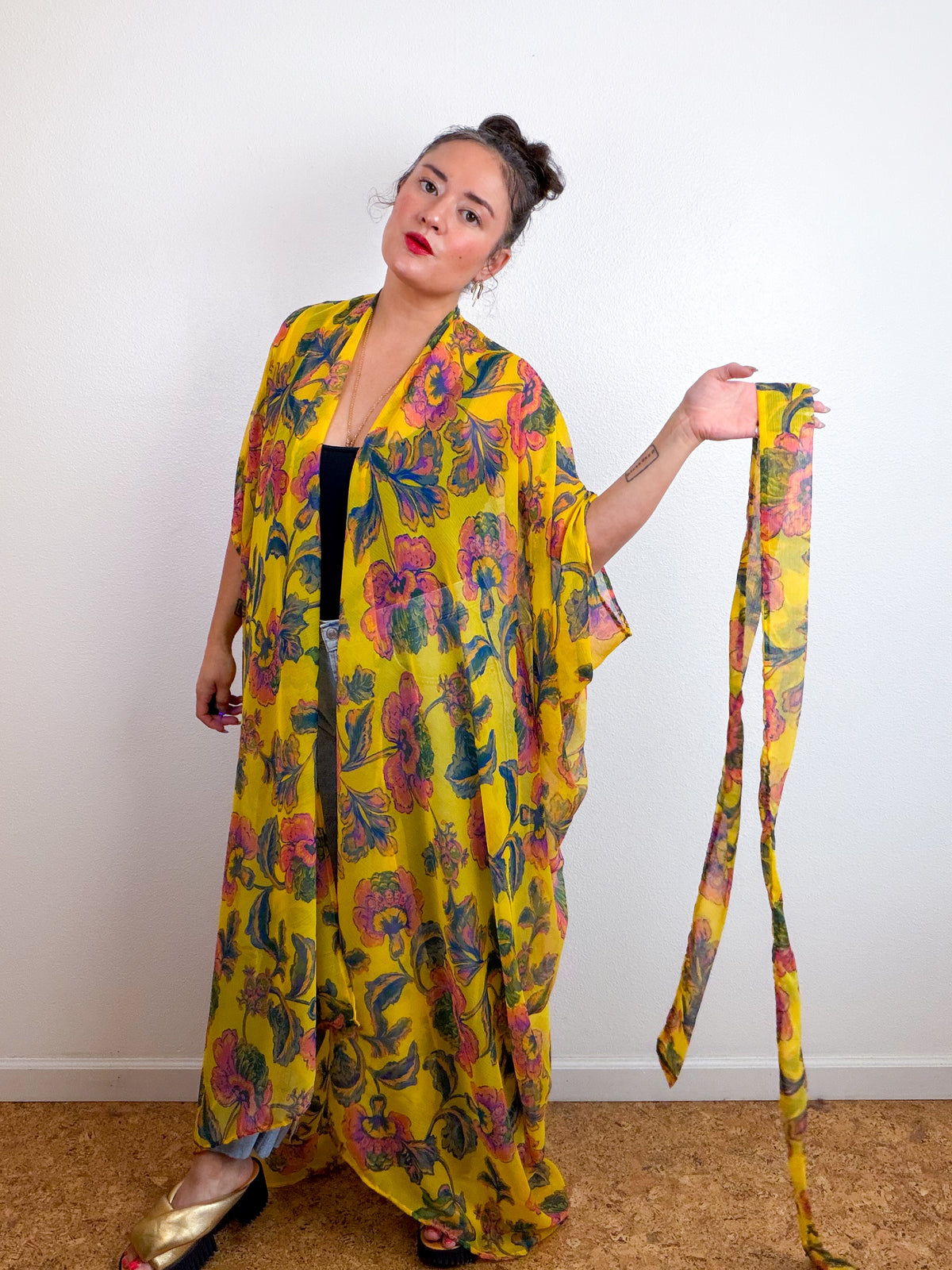 Print High Low Kimono Gold Paisley Crinkle Chiffon