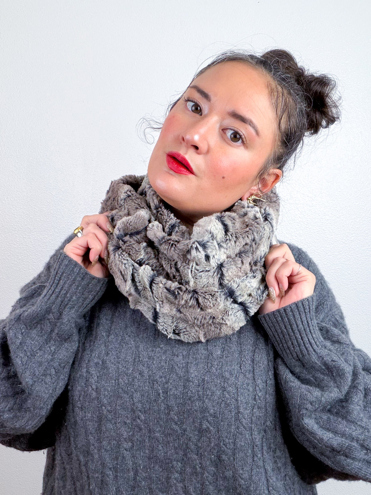 Faux Fur Circle Scarf Taupe Rabbit Black