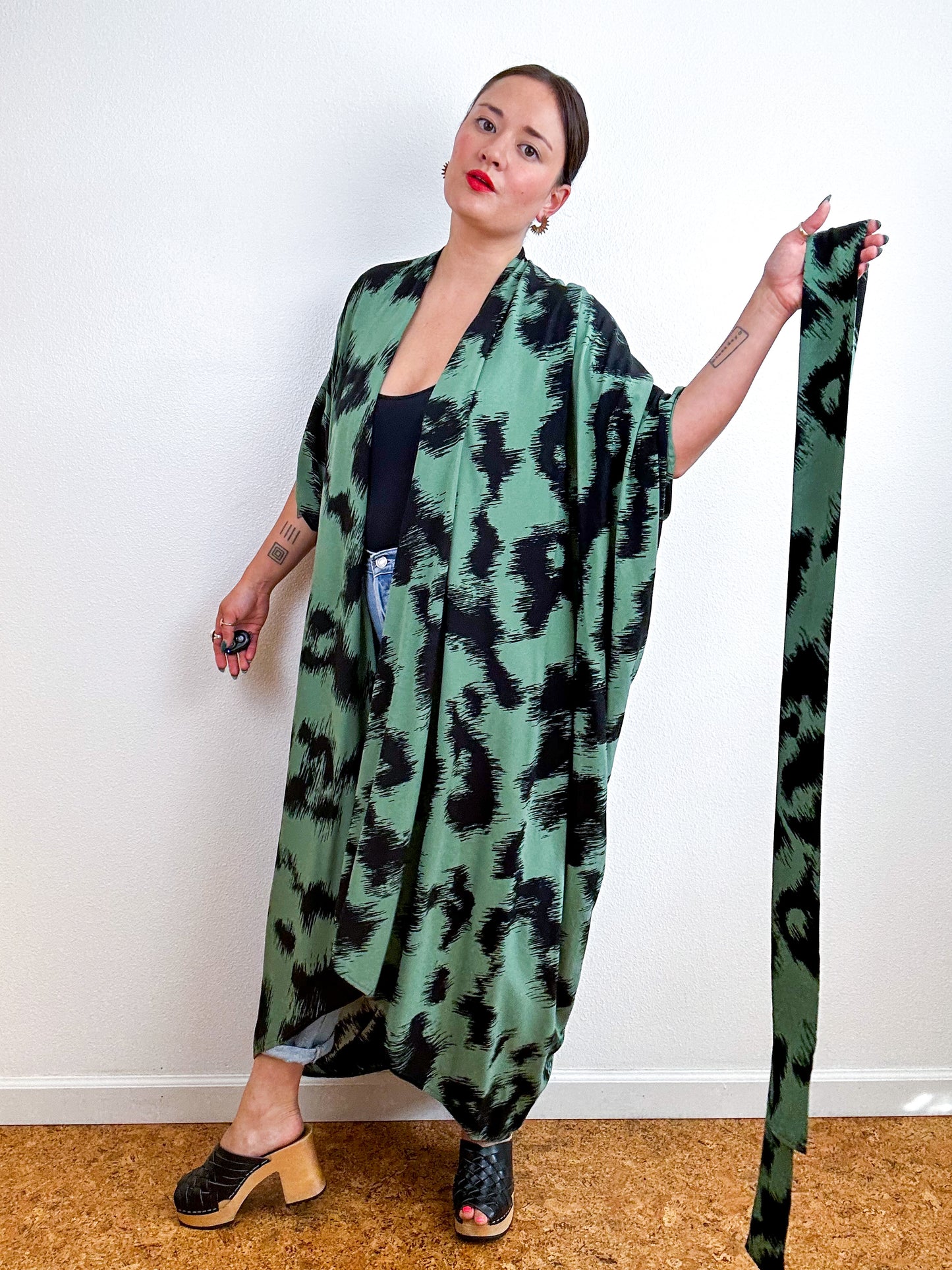 Print High Low Kimono Sage Black Ikat Challis