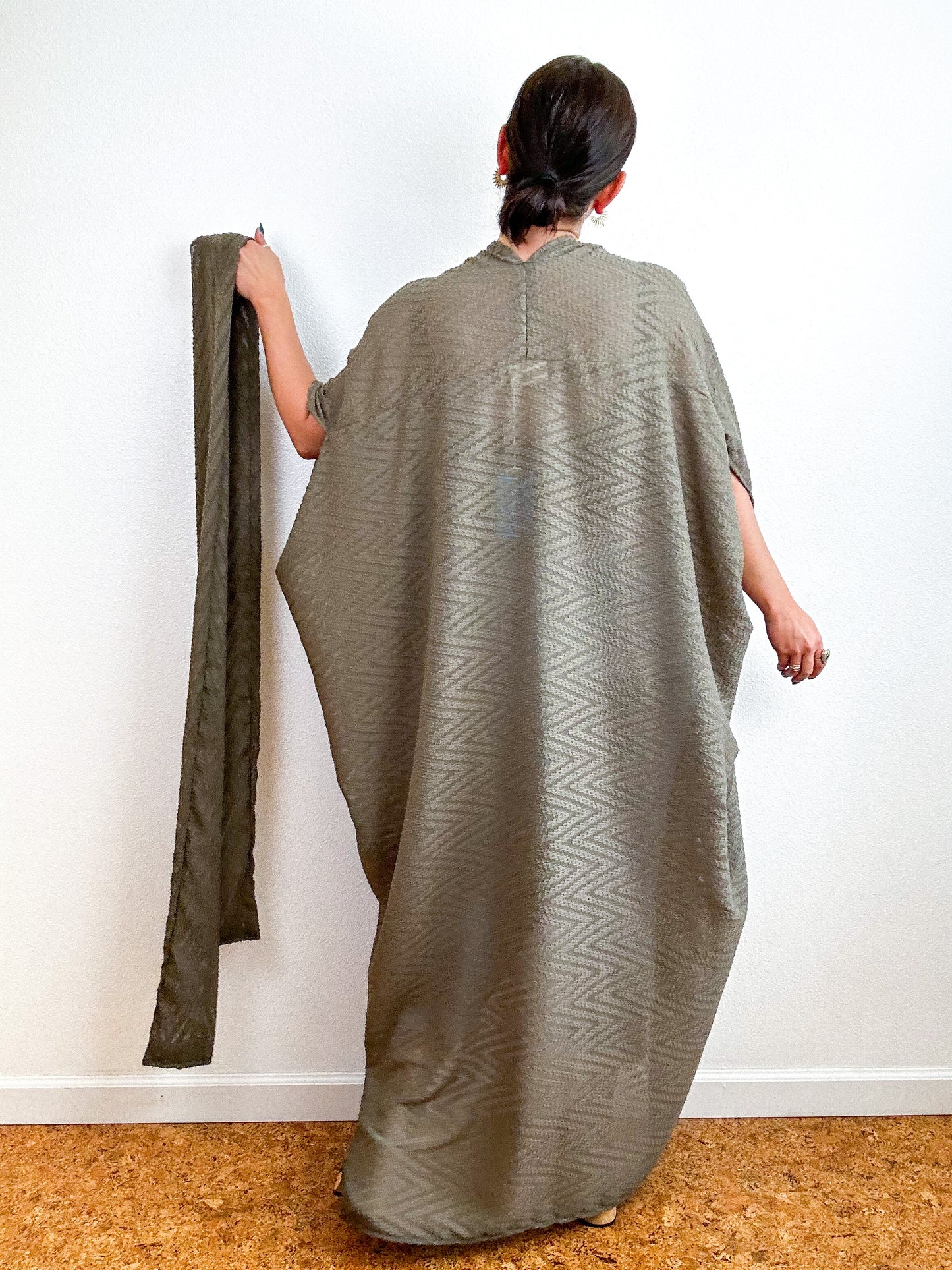 Solid High Low Kimono Olive Chevron Chiffon