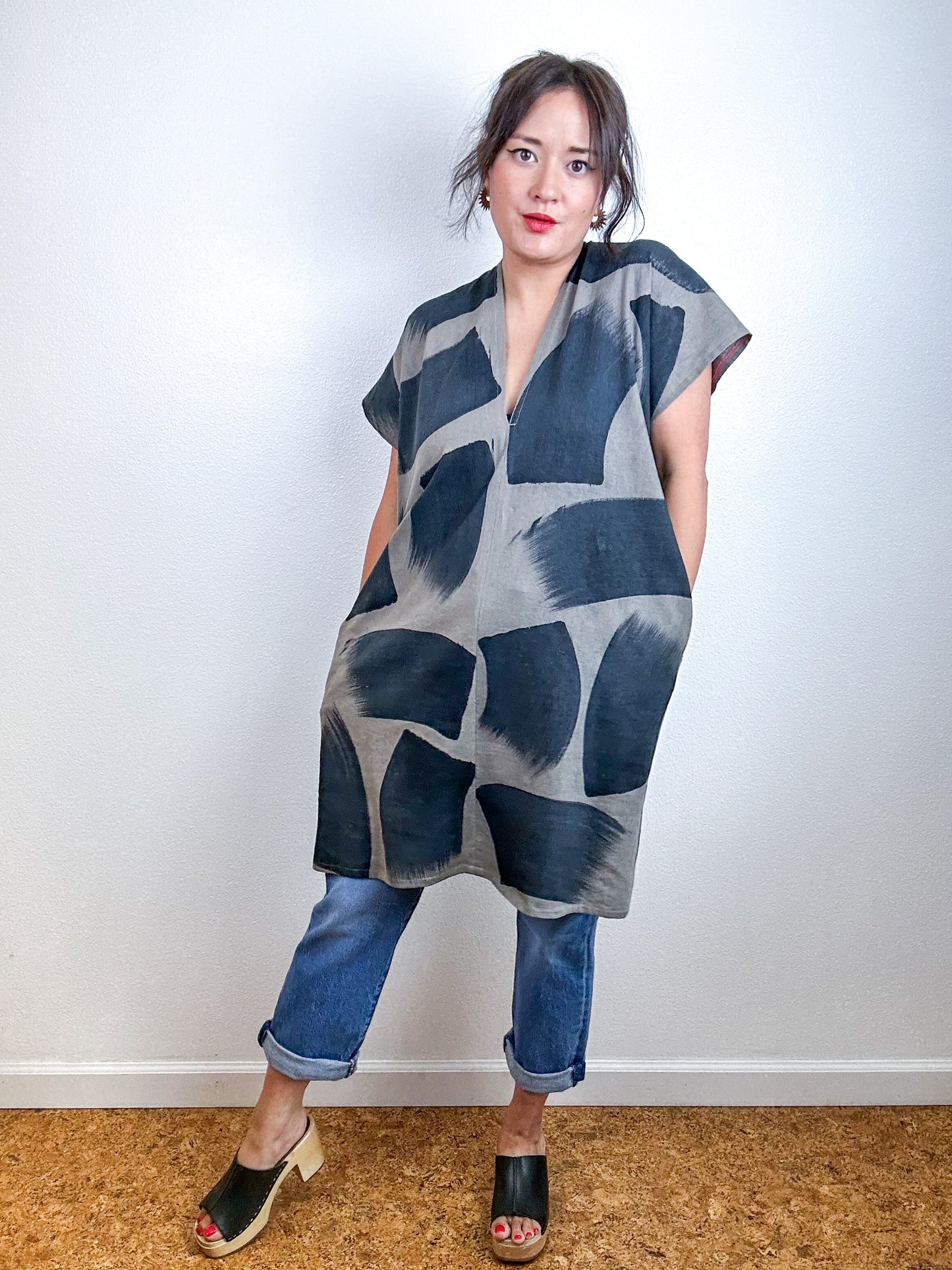 Hand-Dyed Mini Smock Dress Olive Black Brush