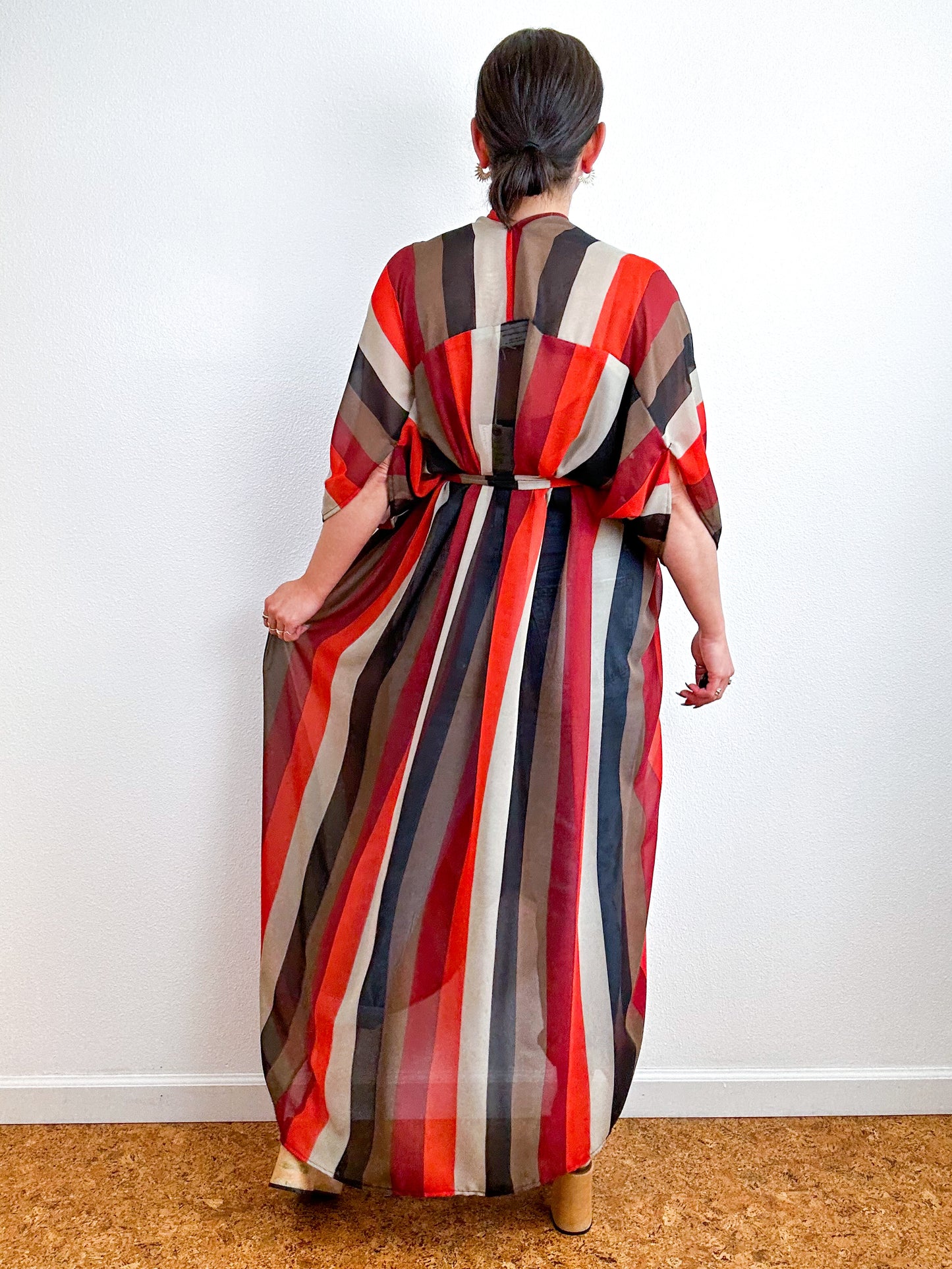 Print High Low Kimono Maroon Stripe Chiffon