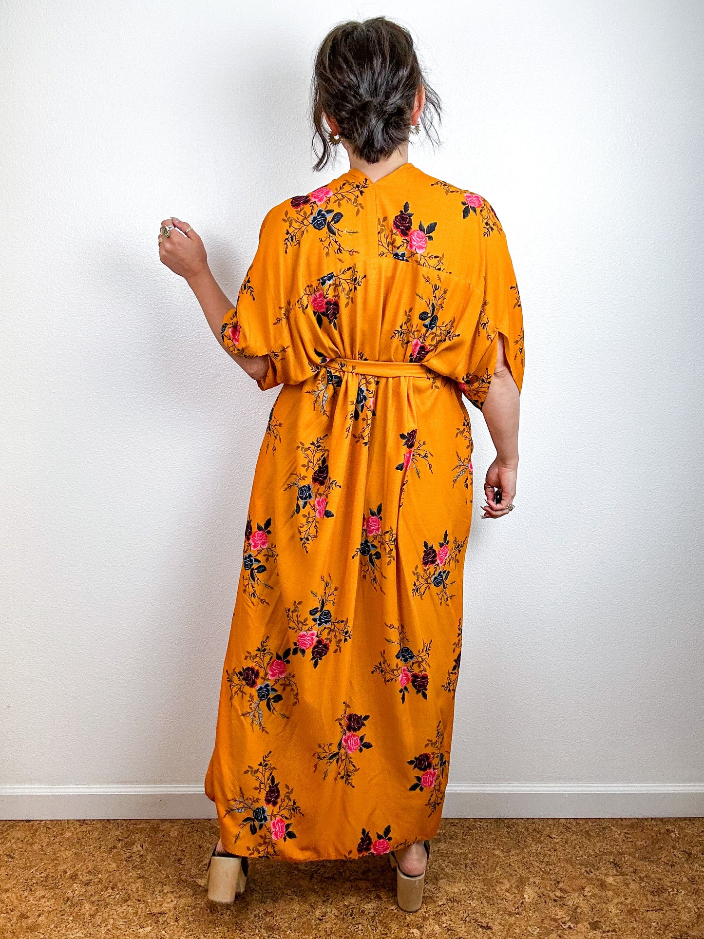 Print High Low Kimono Marigold Floral Challis