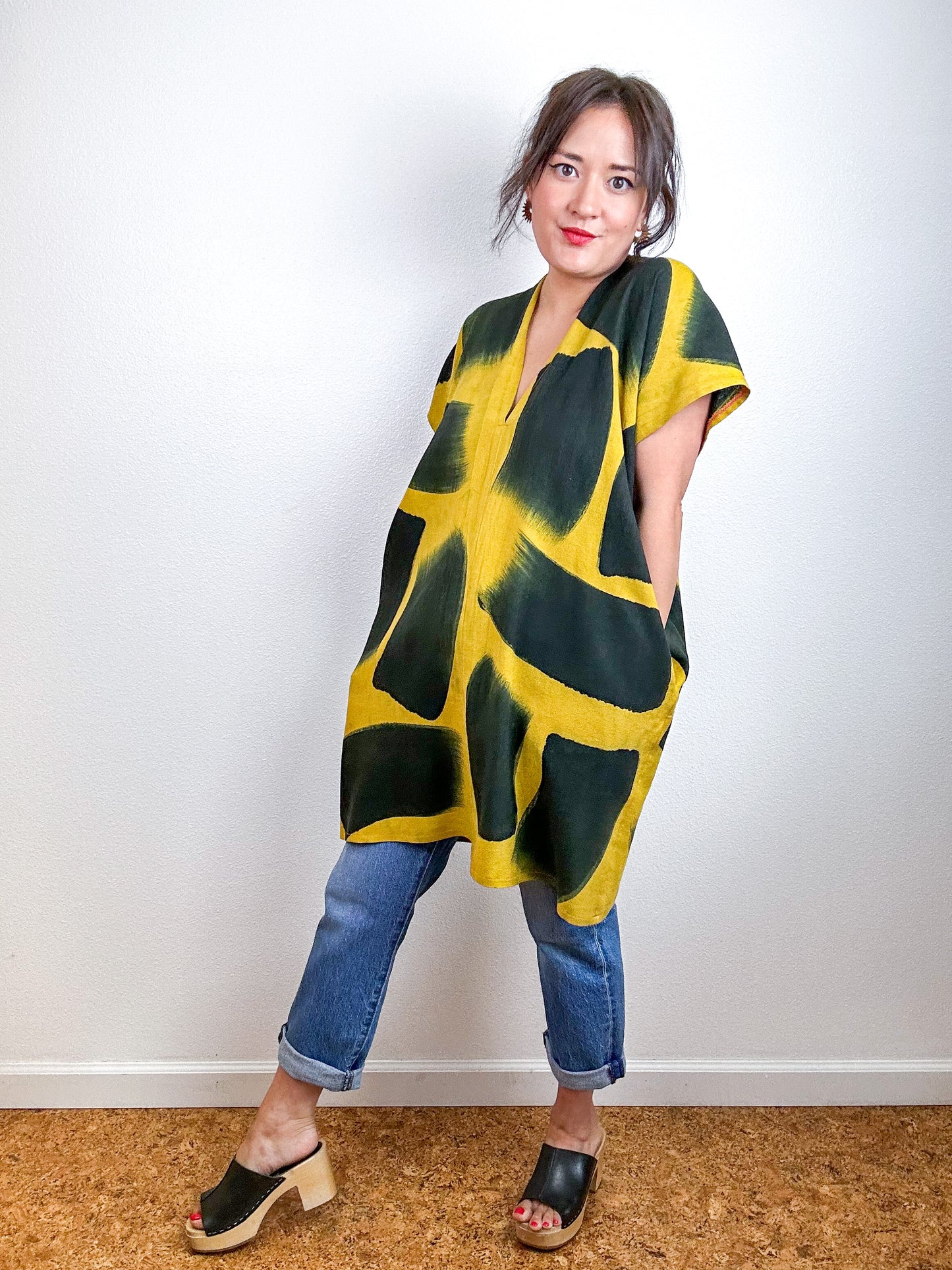 Hand-Dyed Mini Smock Dress Marigold Black Brush