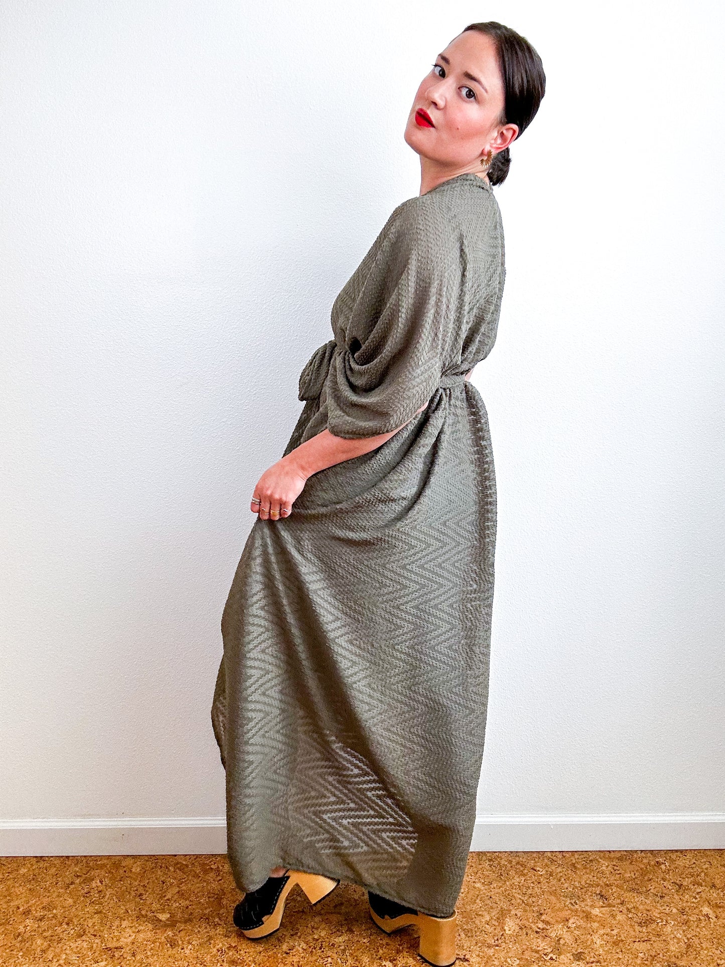 Solid High Low Kimono Olive Chevron Chiffon