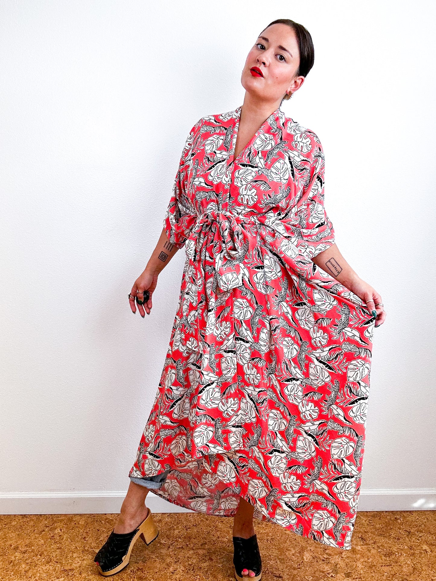 Print High Low Kimono Coral Cheetah Leaves Challis