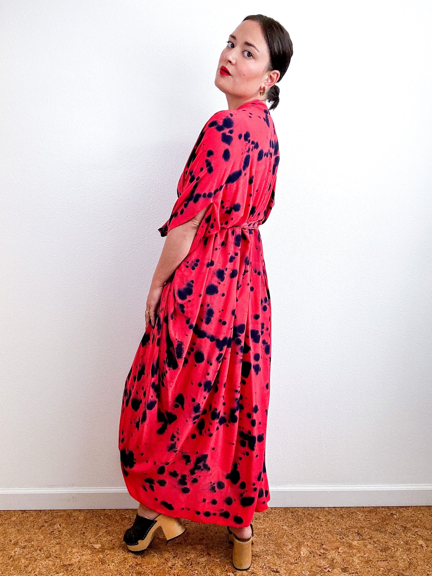 Hand-Dyed High Low Kimono Coral Indigo Speckle