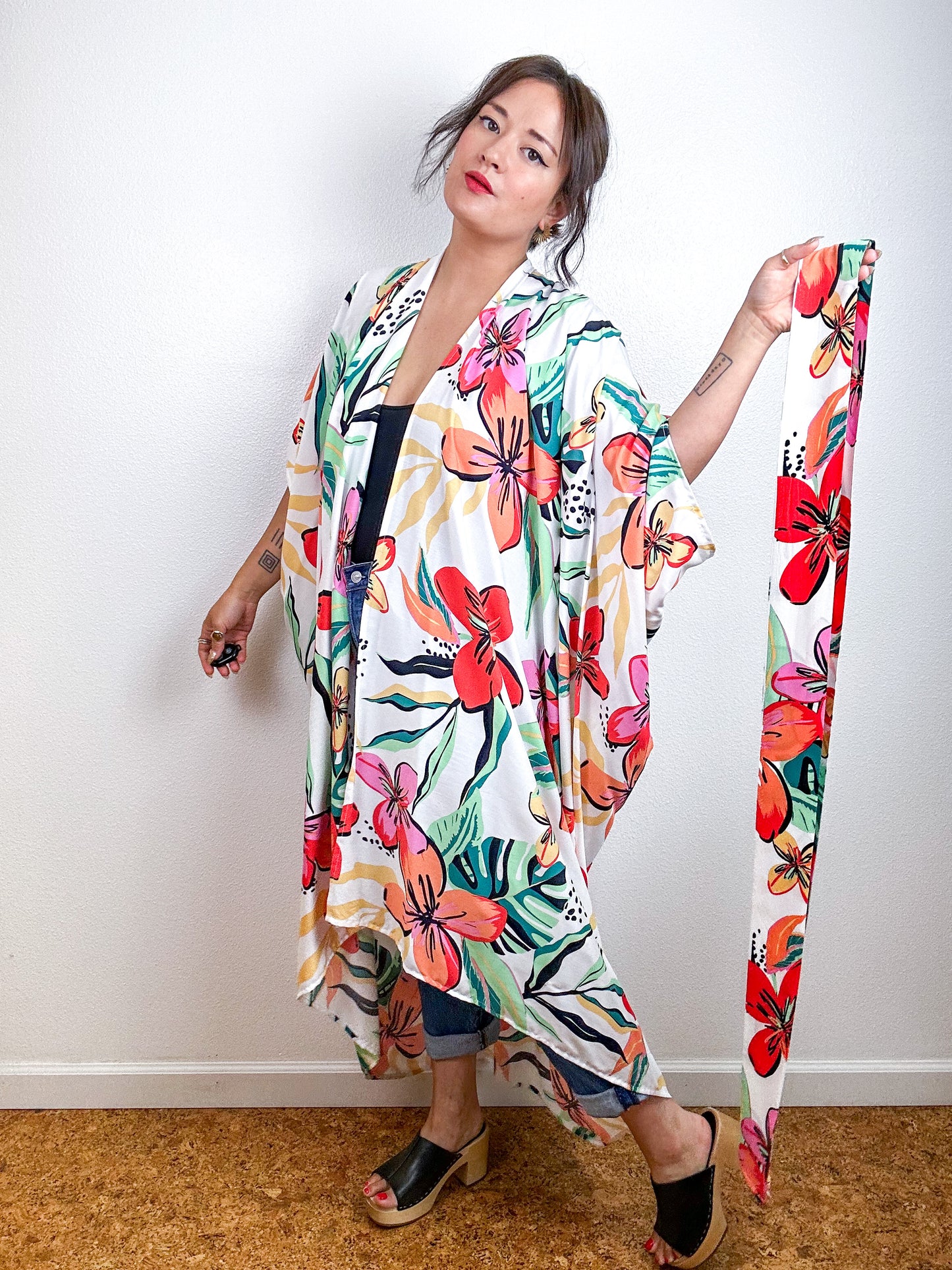 Print High Low Kimono White Tropical Floral Challis