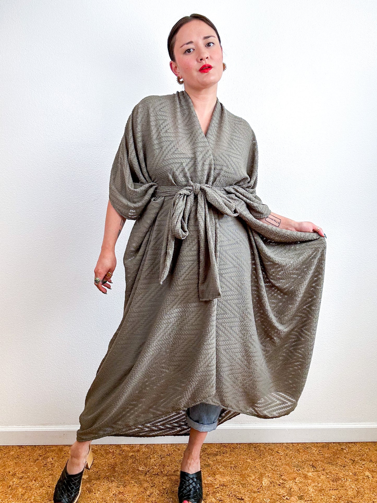 Solid High Low Kimono Olive Chevron Chiffon