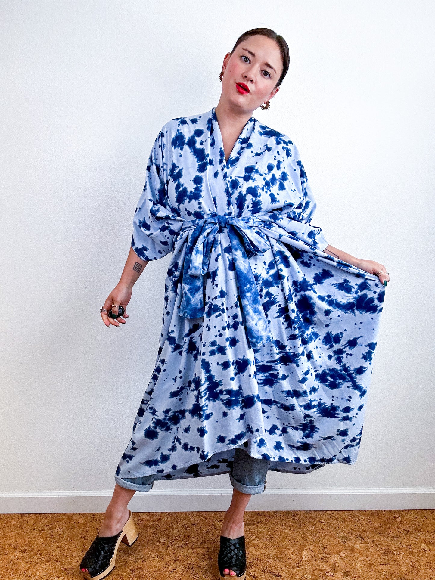 Hand-Dyed High Low Kimono Indigo Speckle