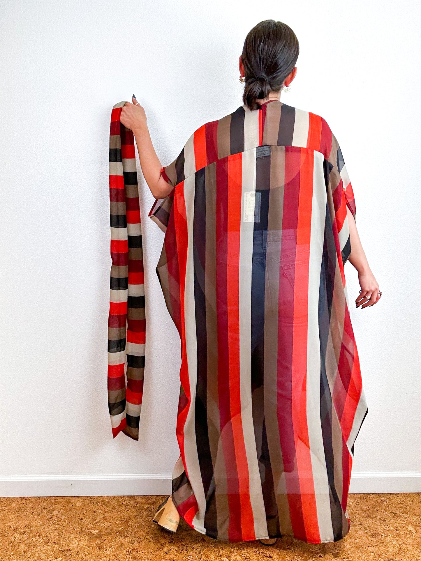 Print High Low Kimono Maroon Stripe Chiffon