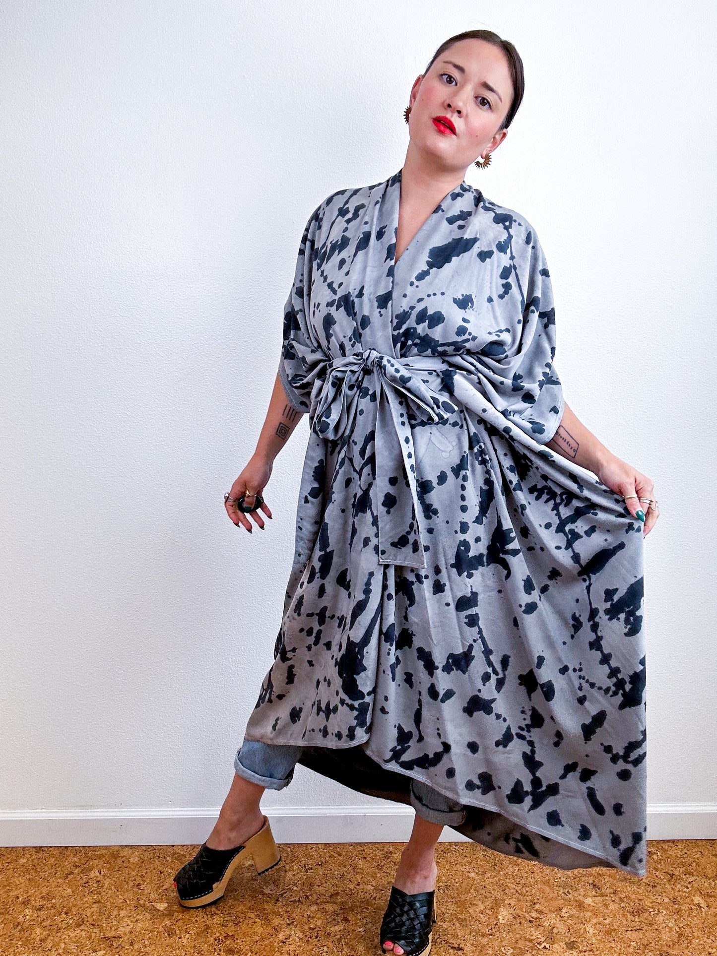 Hand-Dyed High Low Kimono Grey Black Speckle