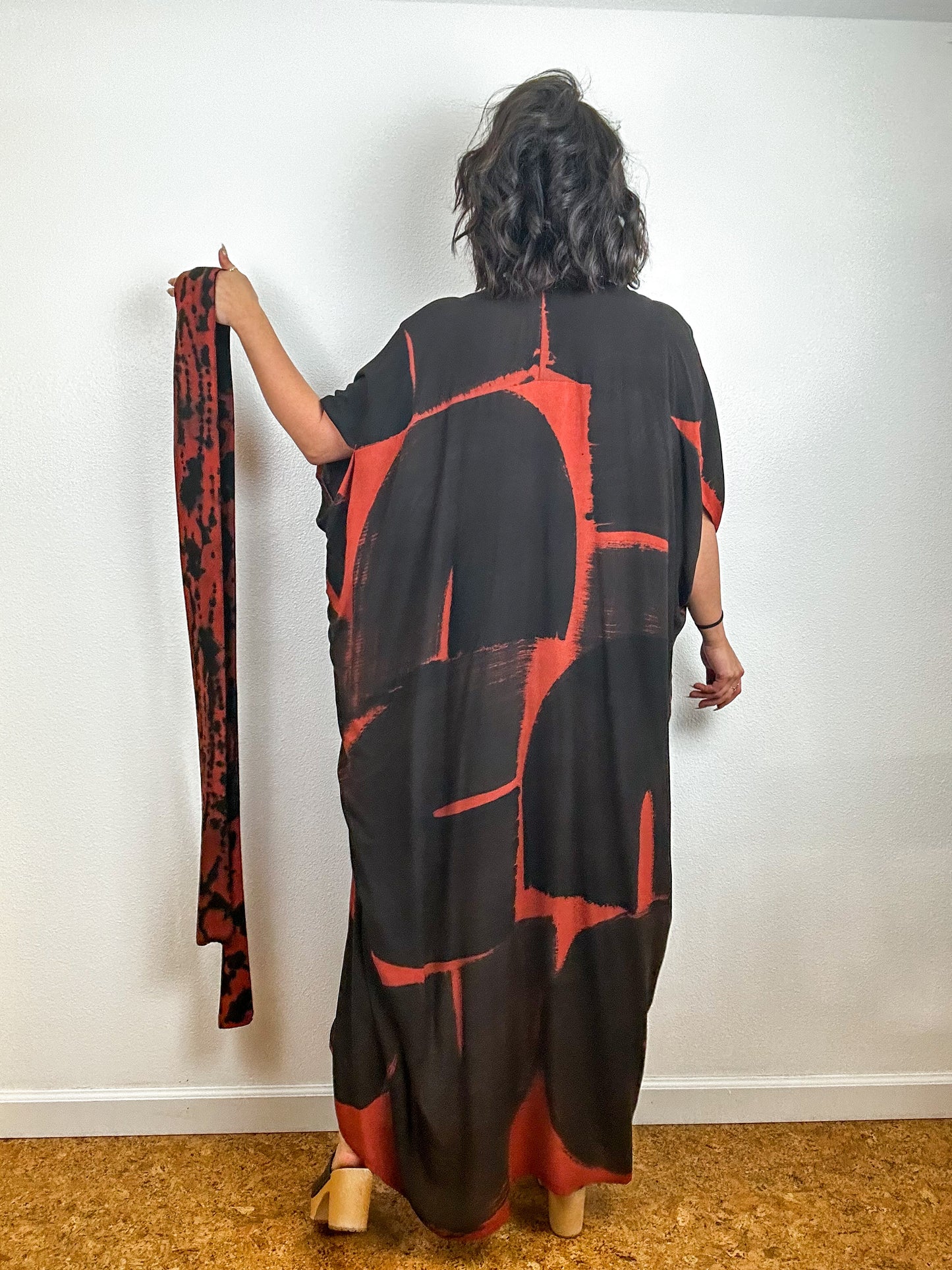 Hand-Dyed High Low Kimono Rust Black Brushstroke