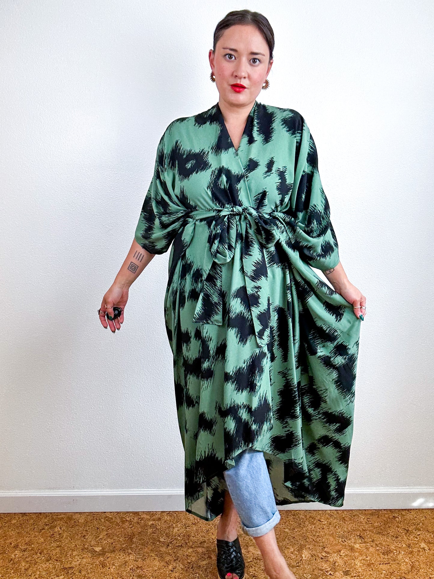 Print High Low Kimono Sage Black Ikat Challis