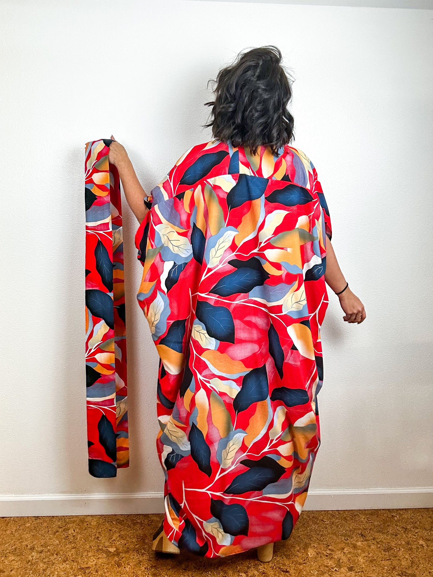 Print High Low Kimono Red Leaves Challis