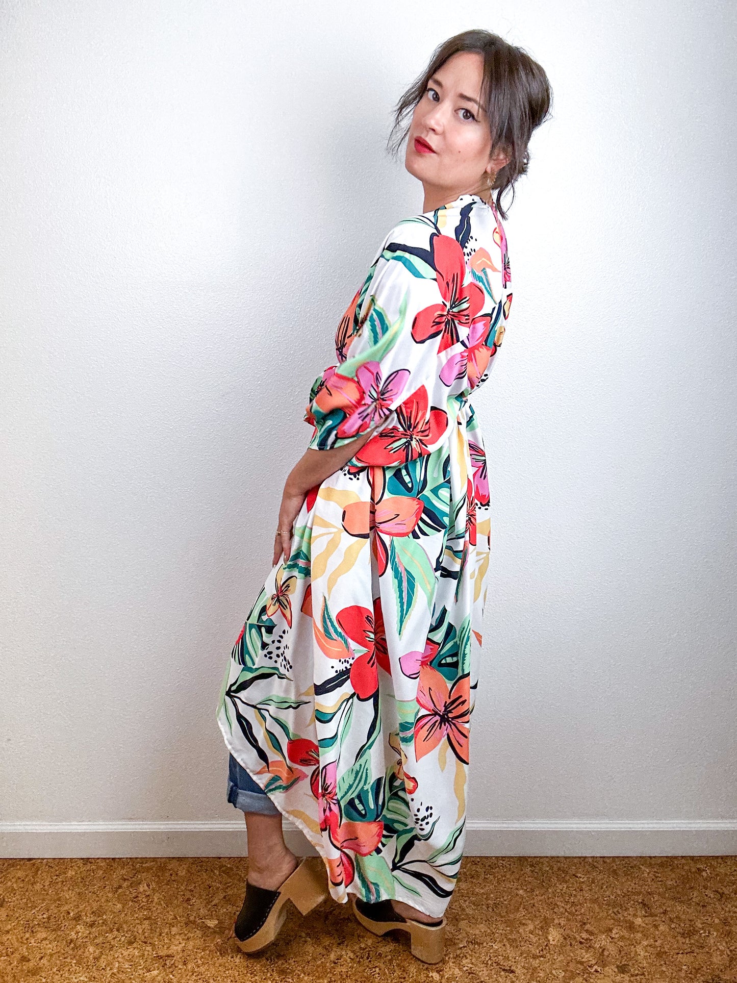 Print High Low Kimono White Tropical Floral Challis