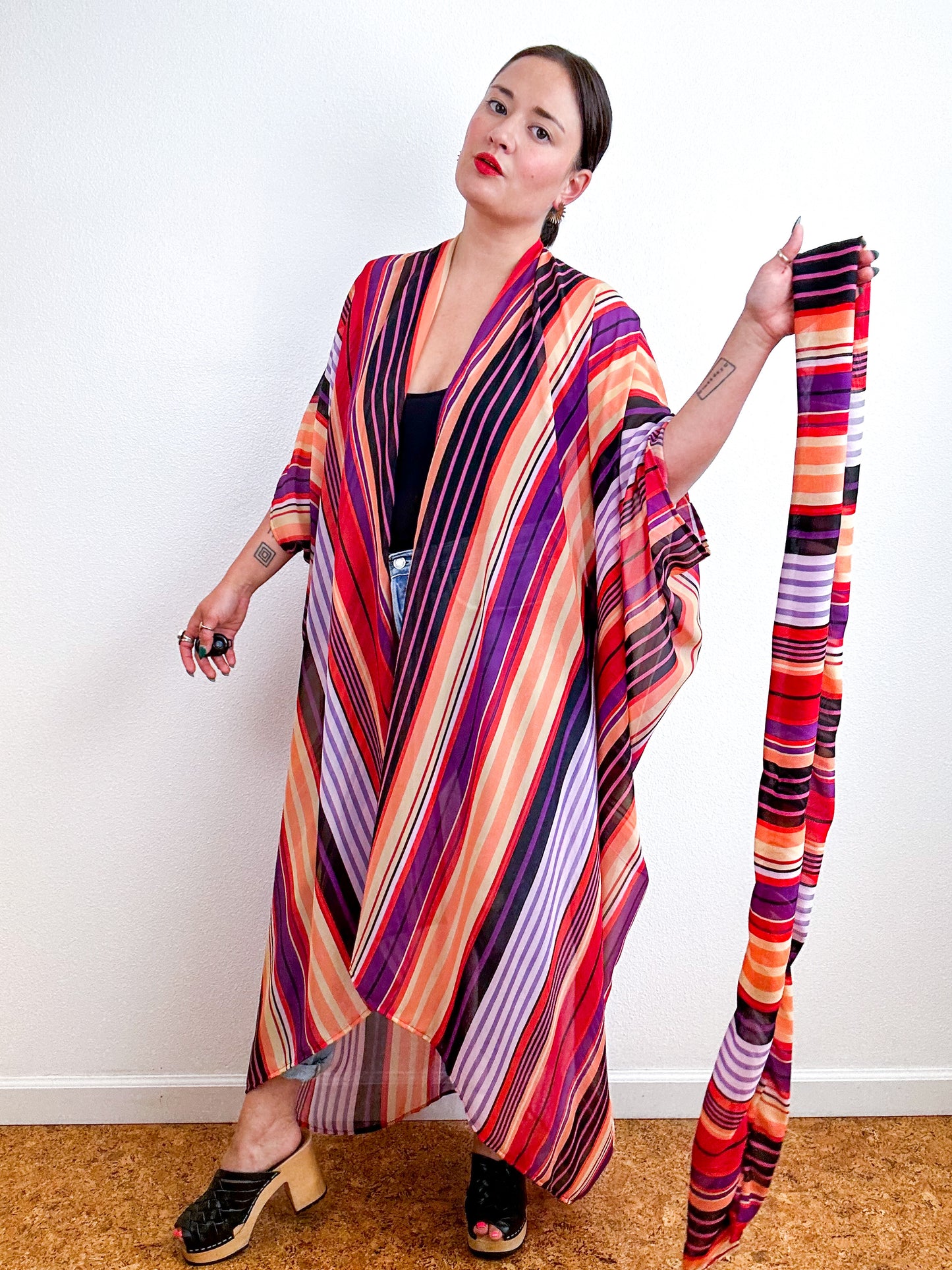 Print High Low Kimono Red Lavender Stripe Chiffon