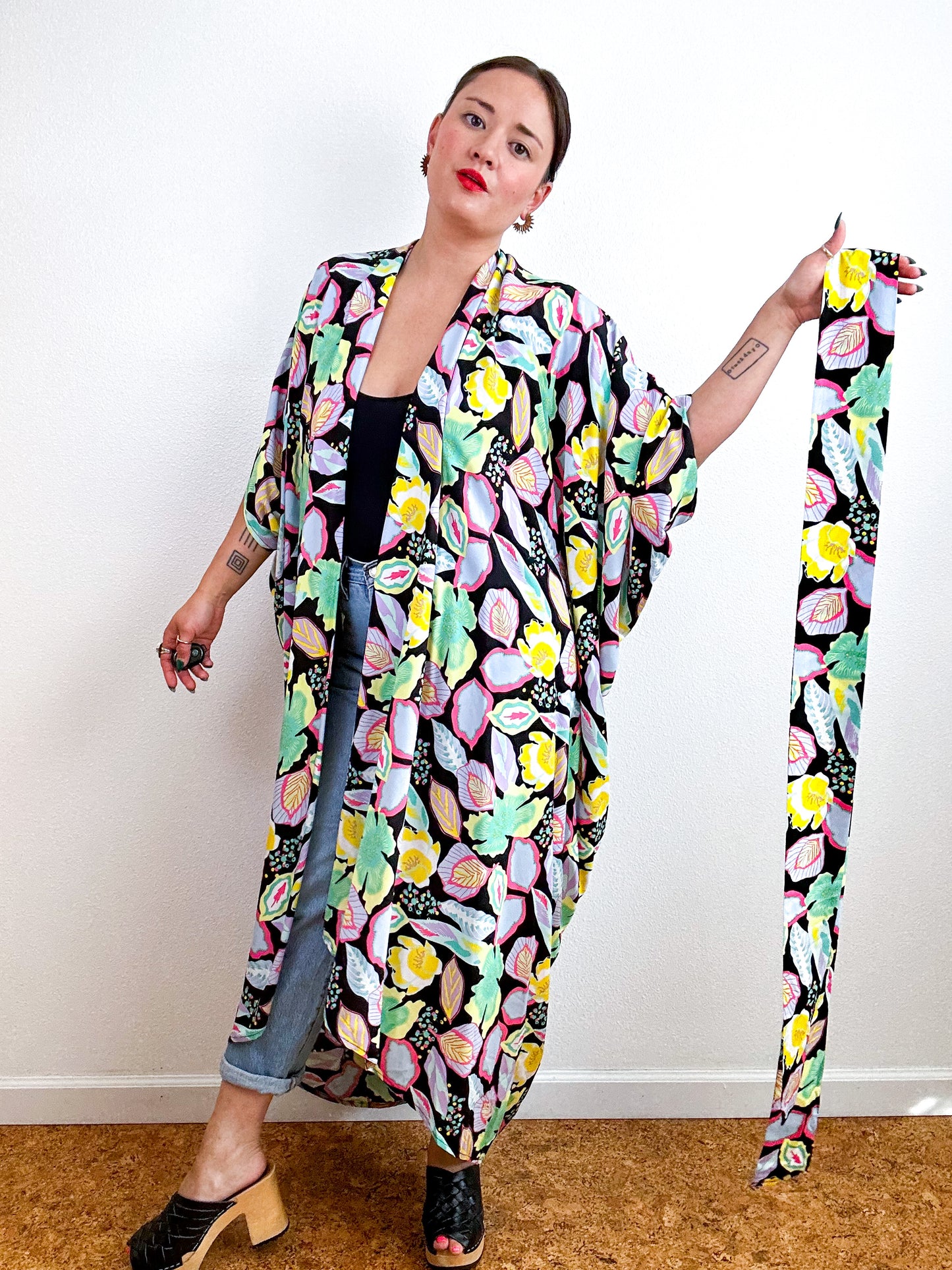 Print High Low Kimono Black Pastel Leaves Challis