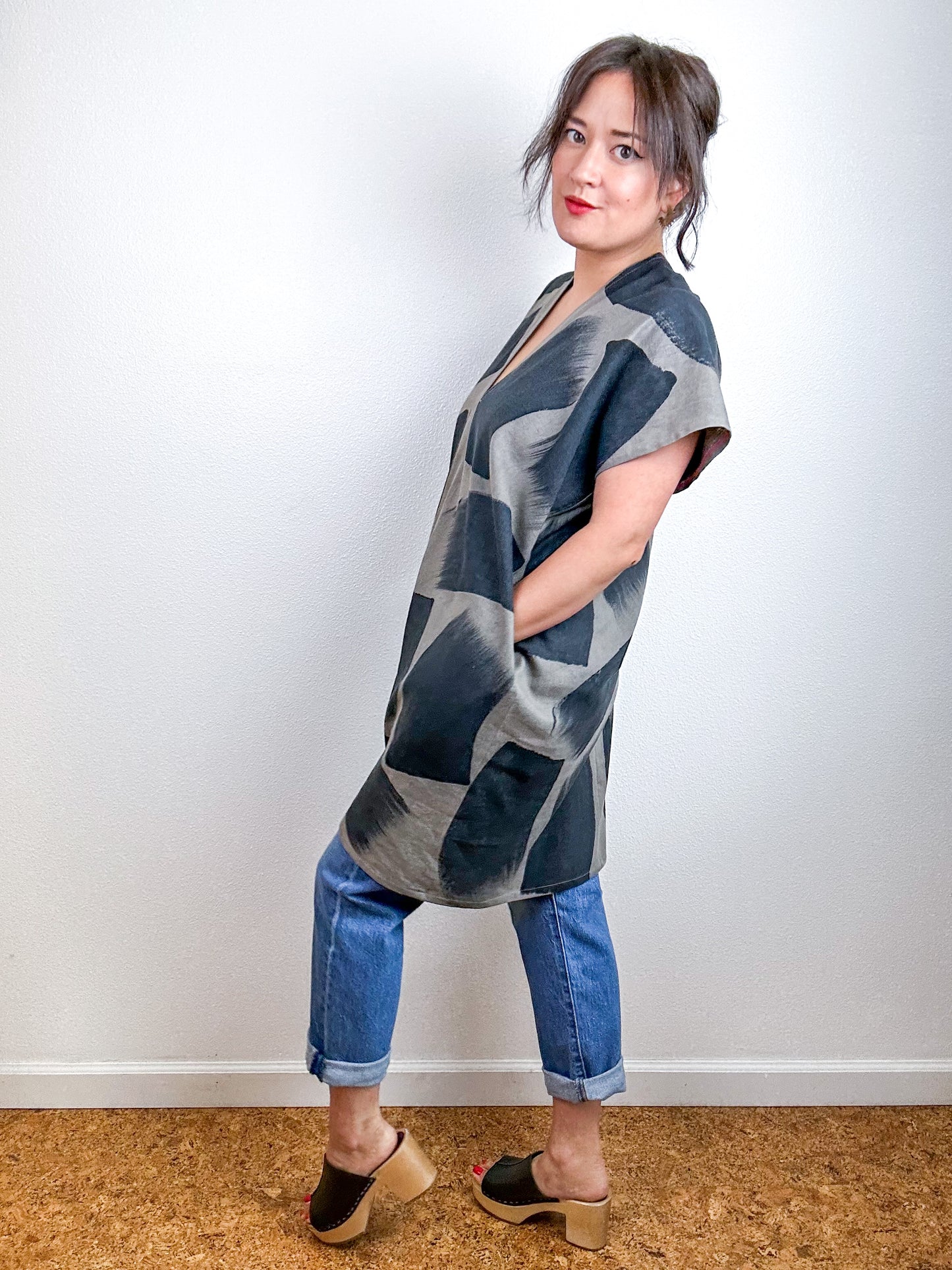 Hand-Dyed Mini Smock Dress Olive Black Brush