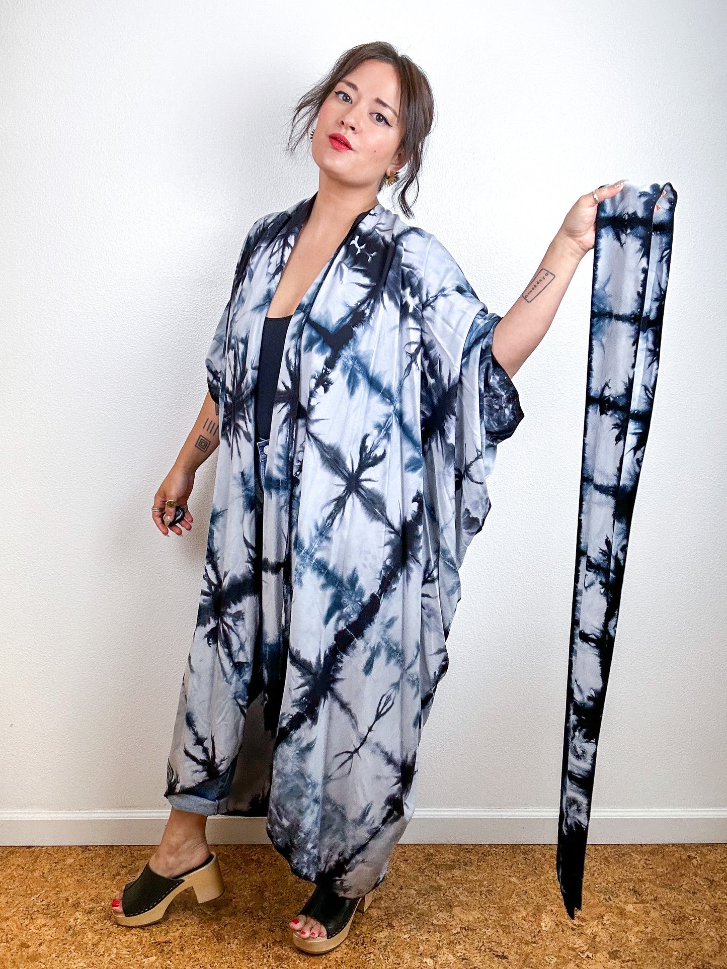Hand-Dyed High Low Kimono Black Shibori