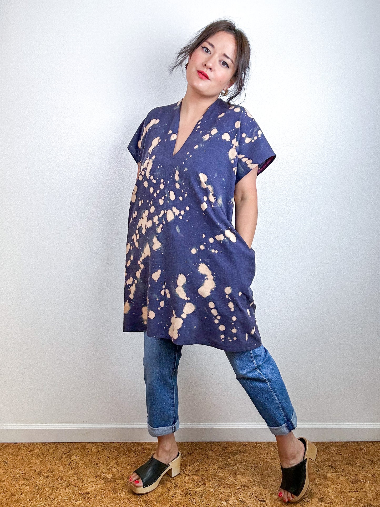 Hand-Dyed Mini Smock Dress Navy Bleach Speckle