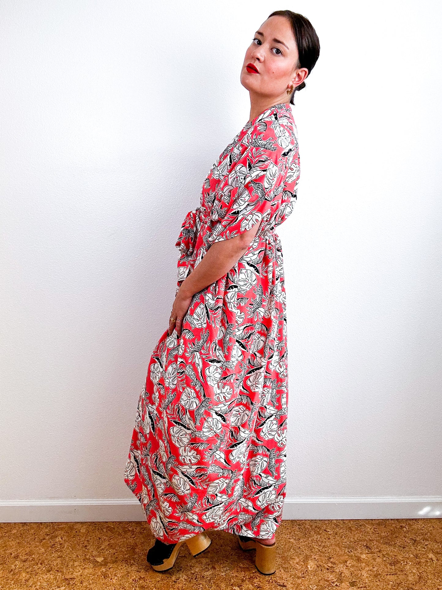 Print High Low Kimono Coral Cheetah Leaves Challis