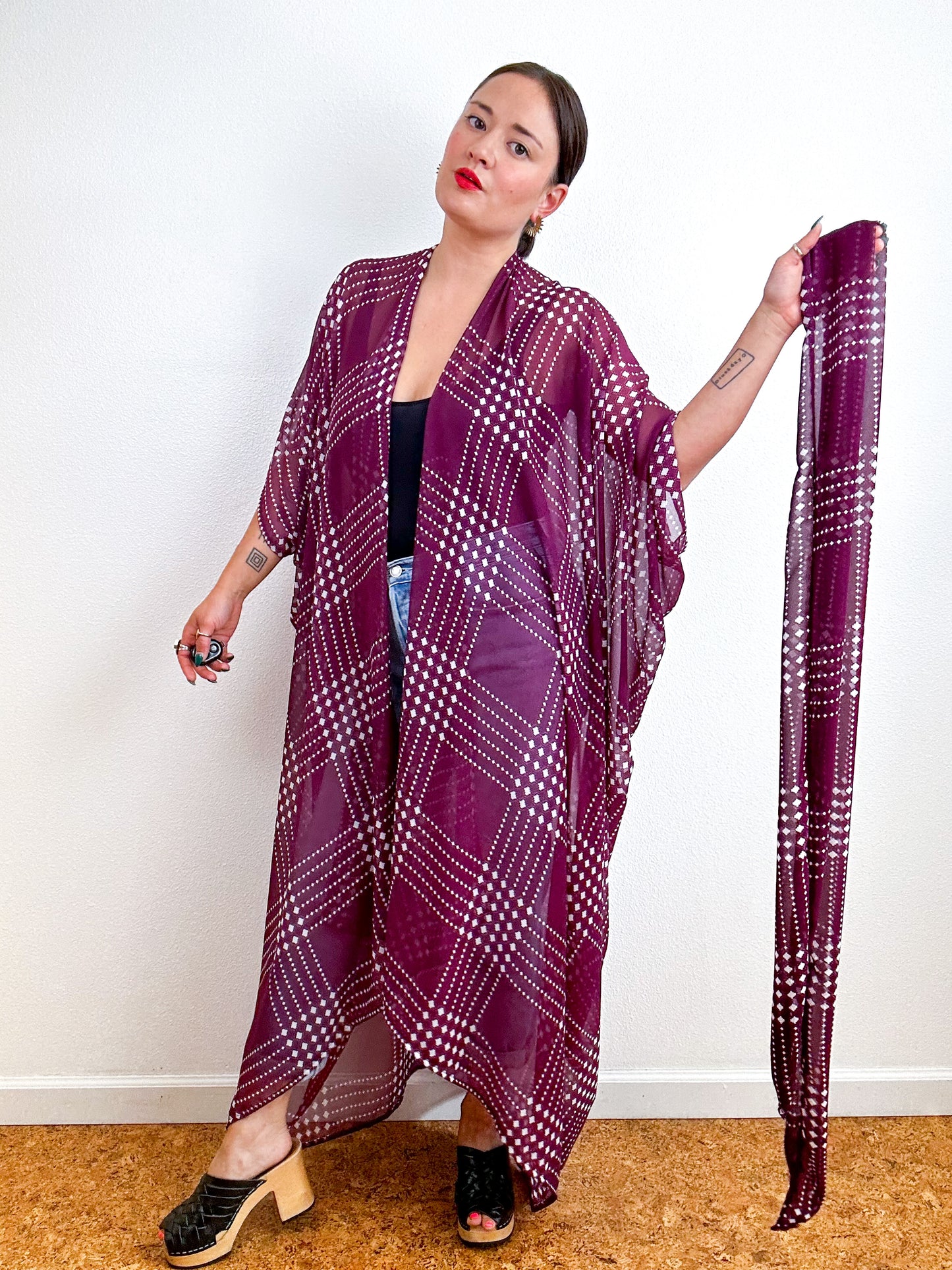 Print High Low Kimono Maroon Grid Chiffon