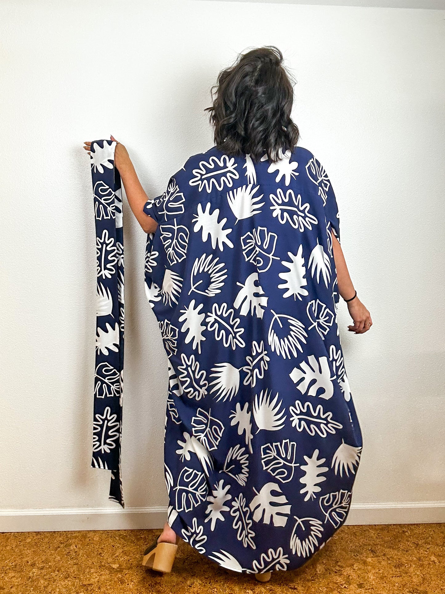 Print High Low Kimono Navy Mod Leaves Challis