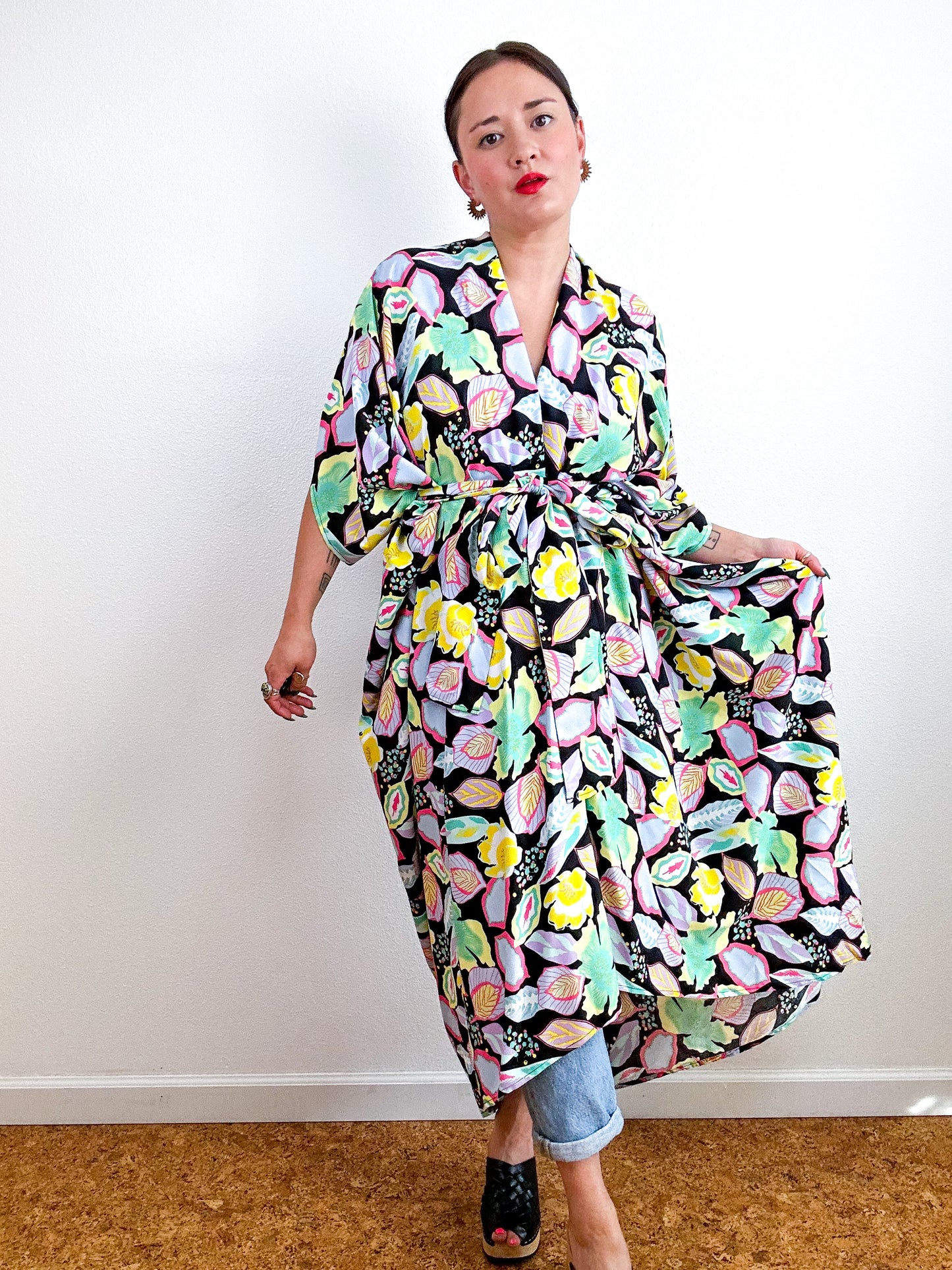Print High Low Kimono Black Pastel Leaves Challis